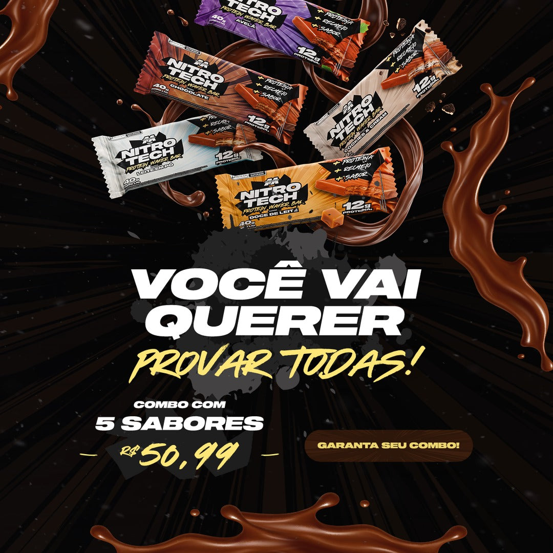 Combo Nitro-Tech Protein Bar com 5 sabores: Avelã, Chocolate, Cookies & Cream, Doce de Leite e Leite em Pó. Você vai querer provar todas.